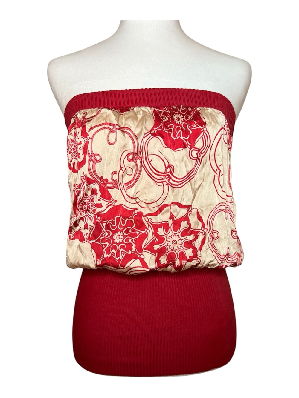 Vintage y2k bebe Silk Red and Cream Strapless Printed Tube Top Medium
